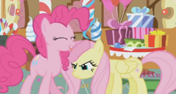 Size: 496x266 | Tagged: safe, derpibooru import, screencap, fluttershy, pinkie pie, earth pony, pegasus, pony, griffon the brush off, duo, eyes closed, fluttershy is not amused, hoof on head, i'm a year older than you, sugarcube corner, unamused