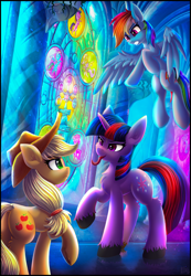 Size: 2100x3028 | Tagged: safe, artist:atlas-66, derpibooru import, applejack, rainbow dash, twilight sparkle, earth pony, pegasus, pony, unicorn, fanfic:the empty room, canterlot castle, canterlot throne room, language, night, palace, stained glass, throne room, tongue out