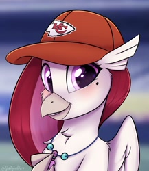 Size: 764x882 | Tagged: safe, artist:sonigiraldo, derpibooru import, oc, oc only, oc:velvet skies, classical hippogriff, hippogriff, baseball cap, bust, cap, female, hat, hippogriff oc, portrait, solo