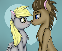 Size: 3000x2500 | Tagged: safe, artist:palibrik, derpibooru import, derpy hooves, doctor whooves, earth pony, pegasus, pony, blushing, chest fluff, doctorderpy, female, heart, heart background, male, mare, nuzzling, shipping, sitting, smiling, stallion, straight
