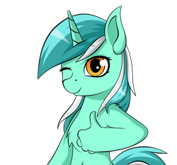 Size: 3000x2800 | Tagged: safe, artist:palibrik, derpibooru import, lyra heartstrings, anthro, unicorn, chest fluff, female, mare, one eye closed, simple background, smiling, solo, thumbs up, transparent background, wink