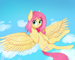 Size: 1250x1000 | Tagged: safe, artist:stravyvox, derpibooru import, fluttershy, pegasus, pony, blushing, cloud, cute, drink, female, flying, mare, shyabetes, sky, soda can, solo, spread wings, straw, wings