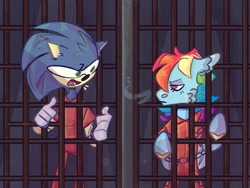 Size: 2224x1668 | Tagged: safe, artist:almostthursday, derpibooru import, rainbow dash, pegasus, pony, cell, chains, clothes, jail, prison, prison outfit, prisoner rd, sonic the hedgehog, sonic the hedgehog (series)