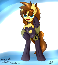 Size: 2200x2455 | Tagged: safe, artist:almaustral, derpibooru import, oc, oc only, oc:billy rose, earth pony, pony, abstract background, bipedal, clothes, earth pony oc, open mouth, signature, smiling, solo