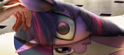 Size: 1441x646 | Tagged: safe, artist:chryseum, derpibooru import, edit, twilight sparkle, human, detailed, fourth wall, hand, looking at you, lying down, on side, paper, petting, realistic, stuck, wide eyes