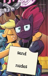 Size: 581x921 | Tagged: safe, derpibooru import, edit, idw, applejack, tempest shadow, earth pony, pony, spoiler:comic, :i, exploitable meme, meme, send nudes, tempest shadow's sign