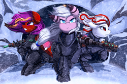 Size: 2620x1742 | Tagged: safe, artist:pridark, derpibooru import, oc, oc only, earth pony, pony, armor, badass, blizzard, blue eyes, commission, fallout, gun, purple eyes, red eyes, snow, snowfall, squad, storm, weapon