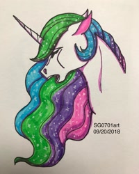 Size: 1080x1350 | Tagged: safe, artist:stargazerseven, derpibooru import, princess celestia, alicorn, pony, ethereal mane, eyes closed, female, mare, missing accessory, open mouth, solo, starry mane, traditional art