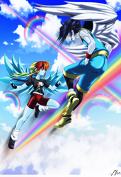 Size: 2264x3302 | Tagged: safe, alternate version, artist:mauroz, derpibooru import, rainbow dash, soarin', equestria girls, anime, belly button, clothes, duo, female, male, shipping, soarindash, straight, wings