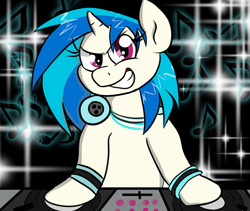 Size: 1100x930 | Tagged: safe, artist:tranzmuteproductions, derpibooru import, dj pon-3, vinyl scratch, pony, unicorn, female, grin, headphones, mare, smiling, solo, turntable, wristband