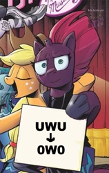 Size: 581x921 | Tagged: safe, derpibooru import, edit, idw, applejack, tempest shadow, zecora, earth pony, pony, spoiler:comic, :i, exploitable meme, meme, tempest shadow's sign