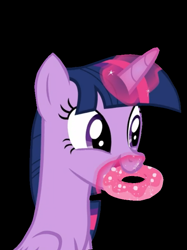 Size: 583x781 | Tagged: safe, artist:twilyisbestpone, derpibooru exclusive, derpibooru import, twilight sparkle, twilight sparkle (alicorn), alicorn, pony, the ending of the end, adorkable, black background, cute, donut, dork, eating, female, food, glowing horn, horn, levitation, magic, mare, nom, simple background, sitting, solo, telekinesis, twiabetes