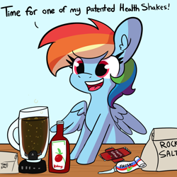 Size: 1800x1800 | Tagged: safe, artist:tjpones, derpibooru import, rainbow dash, pegasus, pony, blender (object), blue background, female, food, ketchup, mare, salt, sauce, simple background, solo, this will end in diarrhea, this will end in tears, this will not end well, toothpaste, white background