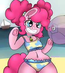 Size: 2480x2750 | Tagged: safe, artist:anykoe, derpibooru import, pinkie pie, earth pony, pony, semi-anthro, beach, beach ball, bell, bell collar, belly button, bikini, clothes, collar, cowkini, cowprint, frog (hoof), grin, heart eyes, hind legs, midriff, pigtails, smiling, solo, swimsuit, underhoof, wingding eyes