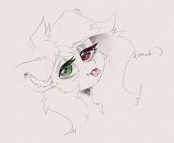 Size: 1230x1014 | Tagged: safe, artist:kebchach, derpibooru import, oc, oc only, pony, bust, cheek fluff, chest fluff, ear fluff, floppy ears, forked tongue, heterochromia, meh, sketch, solo, tired, tongue out