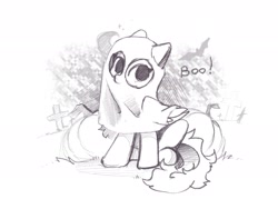 Size: 2048x1536 | Tagged: safe, artist:kebchach, derpibooru import, oc, oc only, bat pony, pegasus, pony, boo, clothes, costume, crescent moon, ghost costume, gravestone, graveyard, grayscale, halloween, halloween costume, monochrome, moon, pumpkin, sitting, sketch, solo, speedpaint available