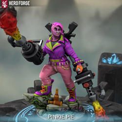 Size: 768x768 | Tagged: safe, derpibooru import, pinkie pie, human, 3d, beer bottle, bottle, clothes, flamethrower, gloves, gun, hero forge, humanized, pants, piercing, rock, shotgun, weapon