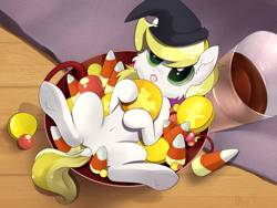 Size: 1920x1440 | Tagged: safe, artist:kebchach, derpibooru import, oc, oc only, oc:dandelion blossom, pony, :<, bowl, candy, candy bowl, candy corn, cheek fluff, commission, cute, dock, food, halloween, hat, holiday, indexed png, lying down, ocbetes, on back, solo, tiny, tiny ponies, tongue out, underhoof, witch hat, ych result
