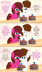 Size: 4000x6800 | Tagged: safe, artist:aarondrawsarts, derpibooru import, oc, oc:brain teaser, oc:rose bloom, earth pony, pony, birthday, birthday cake, blushing, brainbloom, cake, chest fluff, comic, dialogue, earth pony oc, female, food, male, oc x oc, shipping, straight, sweat