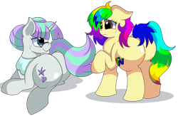 Size: 8900x5800 | Tagged: safe, artist:rainbowtashie, derpibooru import, cloudy quartz, twilight velvet, oc, oc:glossy granite, oc:rainbow tashie, earth pony, pony, unicorn, butt, collar, commissioner:bigonionbean, cute, cutie mark, extra thicc, female, flank, fusion, fusion:glossy granite, glasses, mare, plot, simple background, transparent background, writer:bigonionbean