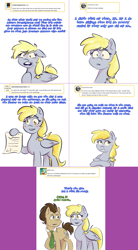 Size: 1502x2721 | Tagged: safe, artist:taffytwist, derpibooru import, derpy hooves, doctor whooves, earth pony, pegasus, pony, ask, dialogue, duo, female, implied time travel, lovestruck derpy, male, mare, necktie, paper, stallion, tumblr comic