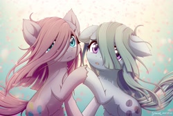 Size: 2400x1600 | Tagged: safe, artist:symbianl, derpibooru import, marble pie, pinkie pie, earth pony, pony, :<, cheek fluff, cute, dawwww, diapinkes, duo, female, floppy ears, fluffy, fraternal twins, holding hooves, leg fluff, marblebetes, neck fluff, open mouth, petals, pie sisters, pie twins, pinkamena diane pie, siblings, sisters, straight hair, twin sisters, twins