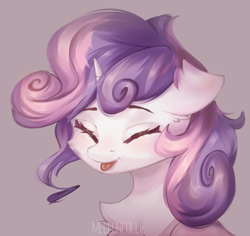 Size: 4000x3772 | Tagged: safe, artist:melloncollie-chan, derpibooru import, sweetie belle, pony, unicorn, blushing, bust, chest fluff, cute, eyes closed, female, filly, fluffy, happy, portrait, simple background, solo, tongue out