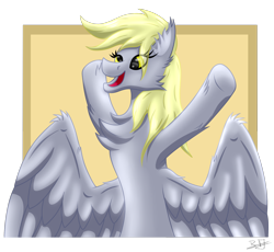 Size: 1500x1378 | Tagged: safe, artist:thebenalpha, derpibooru import, derpy hooves, pegasus, pony, chest fluff, ear fluff, happy, simple background, transparent background, wings