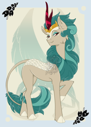 Size: 744x1038 | Tagged: safe, artist:bluekite-falls, artist:sky-railroad, derpibooru import, rain shine, kirin, pony, cloven hooves, crown, ear fluff, jewelry, looking at you, prance card game, regalia, solo