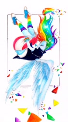 Size: 2141x3806 | Tagged: safe, artist:liaaqila, derpibooru import, rainbow dash, equestria girls, female, ponied up, solo, spread wings, traditional art, wings