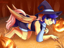 Size: 2000x1500 | Tagged: safe, artist:shadowreindeer, derpibooru import, oc, oc only, oc:animatedpony, anthro, pegasus, unguligrade anthro, all fours, anthro oc, clothes, commission, female, halloween, hat, holiday, jack-o-lantern, mare, midriff, pumpkin, solo, tongue out, witch hat, your character here