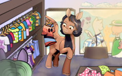 Size: 2001x1251 | Tagged: safe, artist:69beas, derpibooru import, oc, oc only, oc:ravena, pegasus, pony, clothes, cloudsdale, dress, female, hat, mare, shopping, solo, store, unamused, wings