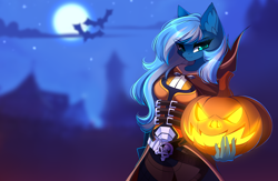 Size: 4386x2868 | Tagged: safe, artist:airiniblock, derpibooru import, oc, oc only, oc:vivid tone, anthro, halloween, holiday, jack-o-lantern, moon, pumpkin, rcf community