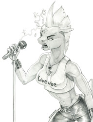 Size: 1000x1312 | Tagged: safe, artist:baron engel, derpibooru import, tempest shadow, anthro, unguligrade anthro, unicorn, breasts, clothes, female, grayscale, heavy metal, leather pants, microphone, monochrome, open mouth, pants, pencil drawing, rock and roll, singing, solo, tempest pillows, traditional art