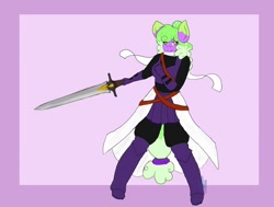 Size: 1024x776 | Tagged: safe, artist:elementbrigade, artist:hondausmina, derpibooru import, oc, oc:kiwi blitz, earth pony, pony, fanfic:dragon's dogma: arisen of equestria, armor, earth pony oc, fanfic art, pawn, sword, tied tail, weapon