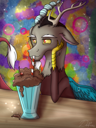 Size: 768x1024 | Tagged: safe, artist:delfinaluther, derpibooru import, discord, draconequus, abstract background, chaos, cute, discute, drinking, milkshake, solo