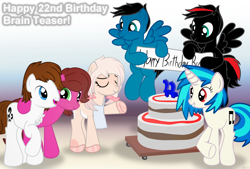 Size: 6894x4668 | Tagged: safe, artist:agkandphotomaker2000, derpibooru import, dj pon-3, vinyl scratch, oc, oc:arnold the pony, oc:brain teaser, oc:daisy cakes, oc:pony video maker, oc:rose bloom, deer, deer pony, earth pony, original species, pegasus, pony, unicorn, banner, birthday, birthday cake, birthday card, brainbloom, cake, candle, canon x oc, cart, female, flying, food, male, oc x oc, red and black mane, red and black oc, shipping, show accurate, simple background, straight, videoscratch