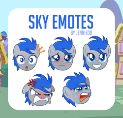 Size: 1000x961 | Tagged: safe, artist:jennieoo, derpibooru import, oc, oc:sky, pegasus, pony, angry, bust, cross-popping veins, crying, emotes, evil, happy, pegasus oc, portrait, sad, shocked, smiling, solo, sticker