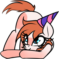 Size: 1382x1401 | Tagged: safe, artist:jetwave, derpibooru import, oc, oc only, oc:chip breeze, pony, face down ass up, female, hat, looking up, mare, party hat, playful, simple background, solo, white background