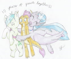 Size: 1607x1324 | Tagged: safe, artist:goldenflow, derpibooru import, sandbar, silverstream, smolder, dragon, earth pony, hippogriff, pony, :i, colored pencil drawing, female, group, happy birthday mlp:fim, male, mlp fim's tenth anniversary, traditional art