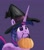 Size: 1120x1287 | Tagged: safe, artist:dummyhorse, derpibooru import, twilight sparkle, unicorn twilight, pony, unicorn, bust, clothes, costume, female, halloween, halloween costume, hat, holiday, horn, long horn, mare, mouth hold, pumpkin, pumpkin bucket, purple background, simple background, smiling, solo, three quarter view, witch hat