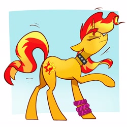 Size: 2048x2048 | Tagged: safe, artist:pfeffaroo, derpibooru import, sunset shimmer, pony, unicorn, bracelet, choker, dancing, eyes closed, female, floppy ears, jewelry, mare, profile, punk, punkset shimmer, raised hoof, solo, spiked choker