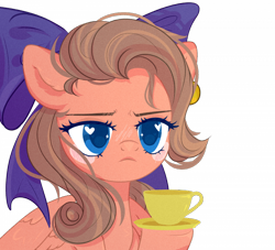 Size: 700x636 | Tagged: safe, artist:heidi, derpibooru import, oc, oc only, oc:bolt t. sky, pegasus, pony, blush sticker, blushing, bow, bust, commission, cup, hair bow, heart eyes, hoof hold, pegasus oc, simple background, solo, teacup, transparent background, wingding eyes, wings, ych result