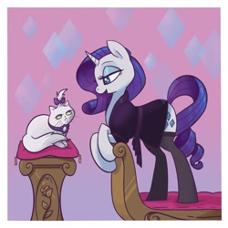 Size: 2048x2048 | Tagged: safe, artist:pfeffaroo, derpibooru import, opalescence, rarity, cat, pony, unicorn, bed, clothes, duo, female, leaning, lidded eyes, looking at each other, mare, nightgown, open mouth, pillow, profile, stockings, talking, thigh highs