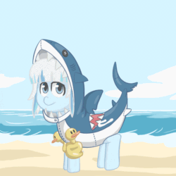 Size: 800x800 | Tagged: safe, artist:shrimpshogun, derpibooru import, oc, oc:gawr gura, original species, pony, shark, shark pony, animated, beach, gawr gura, gif, hololive, hololive eng, ocean, open mouth, ponified, shark costume, solo, text, water wings