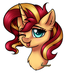 Size: 1602x1771 | Tagged: safe, artist:kruszyna25, derpibooru import, sunset shimmer, pony, unicorn, :p, blushing, bust, cute, female, looking at you, mare, shimmerbetes, simple background, solo, tongue out, transparent background