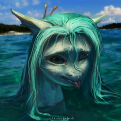 Size: 3000x3000 | Tagged: safe, artist:kiwwsplash, derpibooru import, oc, oc only, pony, bust, outdoors, solo, tongue out, water