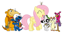 Size: 1851x947 | Tagged: safe, derpibooru import, fluttershy, pegasus, pony, anabella, crossover, doki, doki (tv series), fico, gabi (doki), mundi, oto, simple background, team doki, transparent background