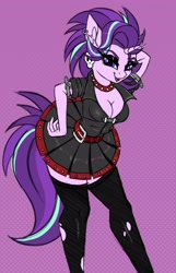 Size: 2010x3120 | Tagged: safe, artist:lightly-san, derpibooru import, starlight glimmer, anthro, unicorn, alternate hairstyle, breasts, cleavage, clothes, edgelight glimmer, female, gameloft interpretation, looking at you, mare, ripped stockings, skirt, solo, starlight jiggler, stockings, thigh highs