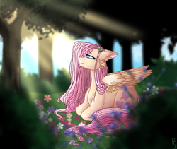 Size: 1548x1308 | Tagged: safe, derpibooru import, fluttershy, pegasus, pony, crepuscular rays, detailed background, flower, forest, solo, tree